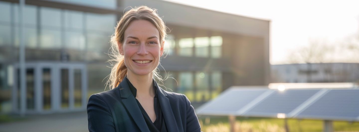 Nachhaltigkeitsmanagement Ausbildung: eine junge Frau mit einem Windradmodell in der Hand steht in einem grünen Innenhof